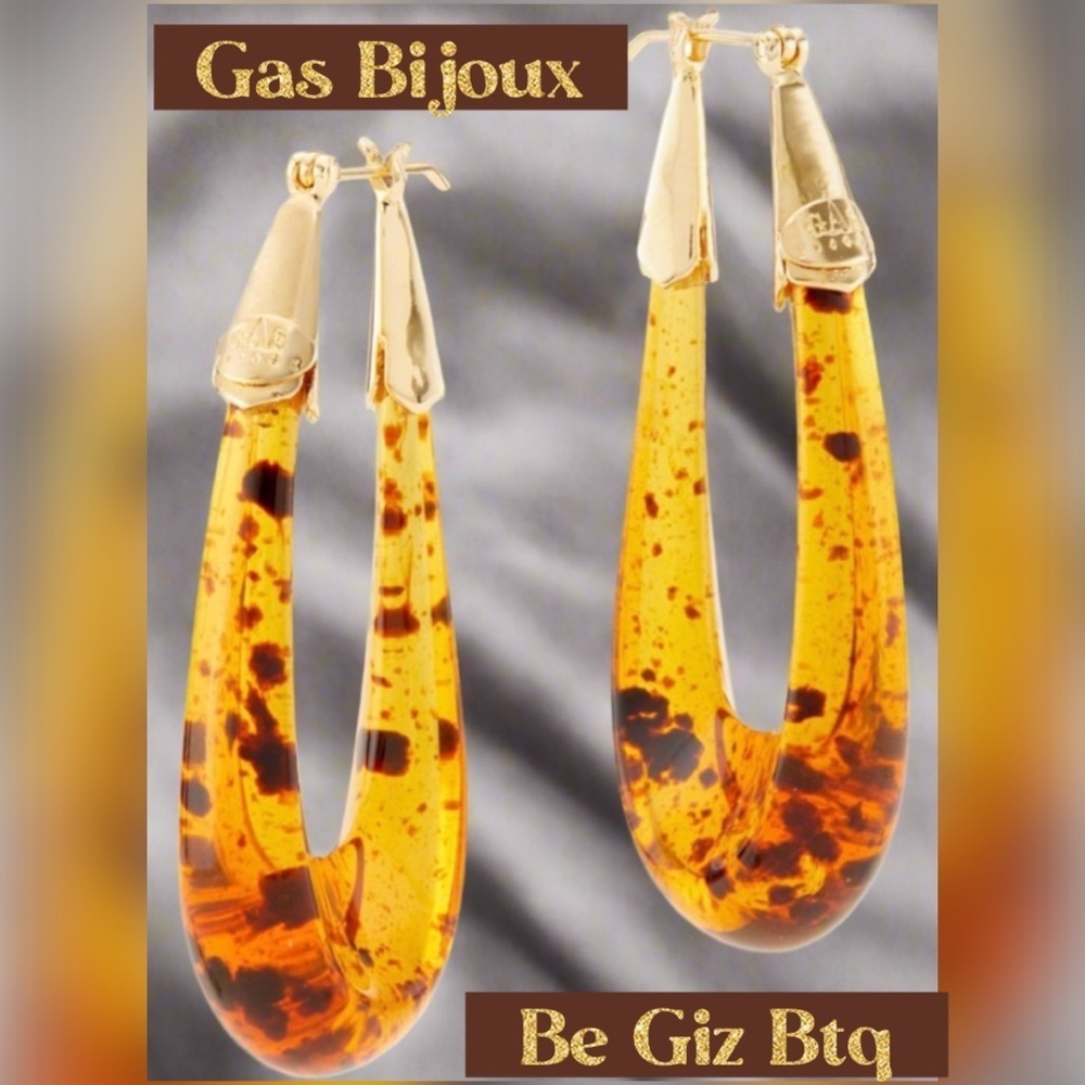 🆕Authentic Gas Bijoux Ecume  Gold Plated & Acetate Elongated Gold Hoop Earrings